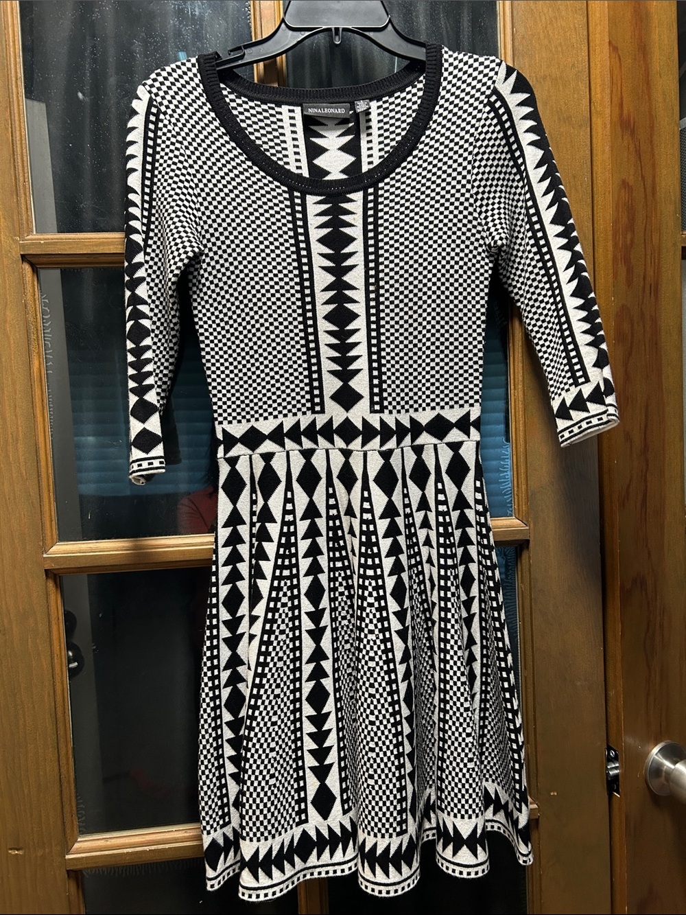 Nina Leonard Black and White Geometric Long-Sleeve Fit & Flare Dress